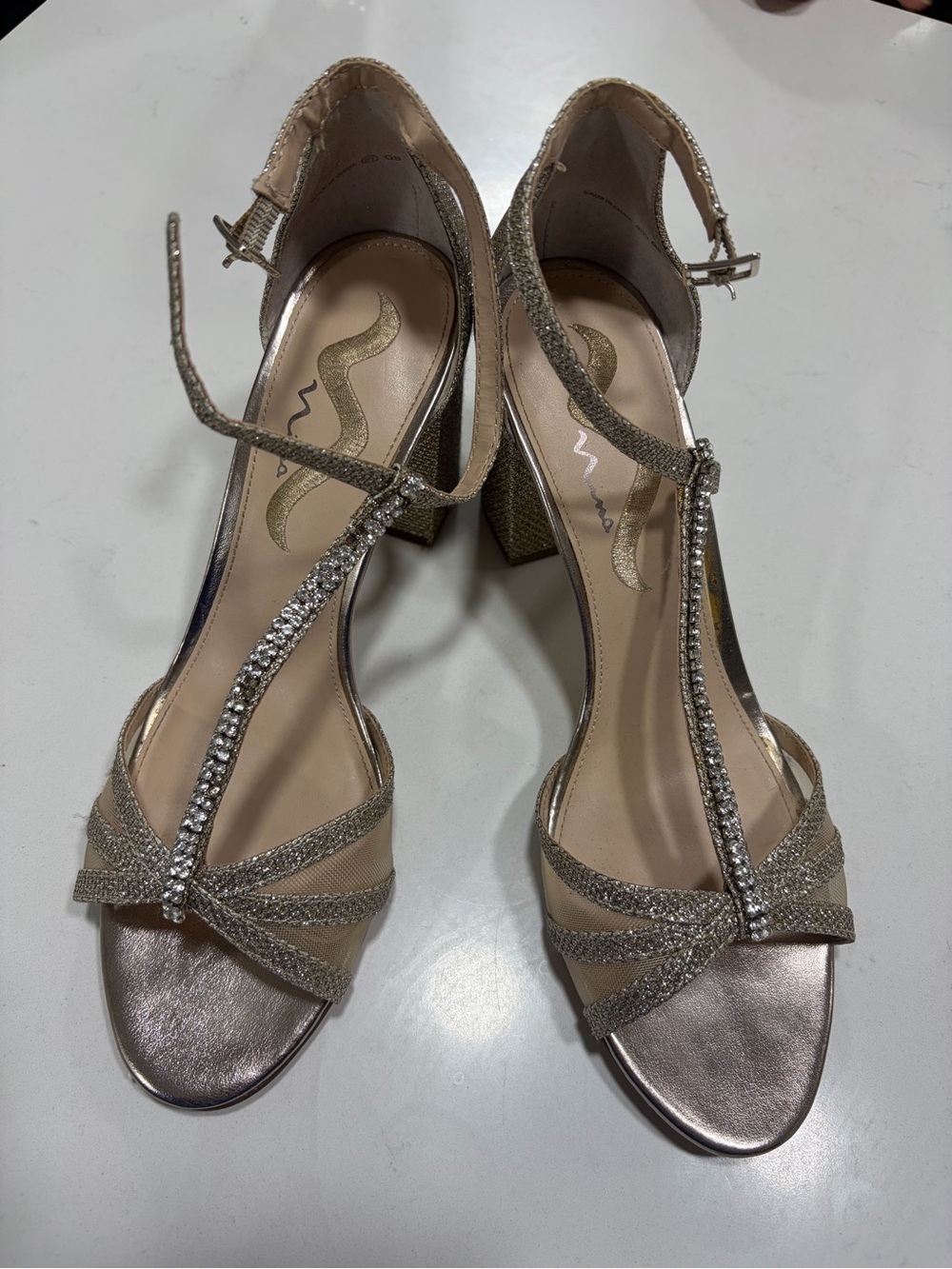 Nina Gold T-Strap Rhinestone Block Heel Sandals